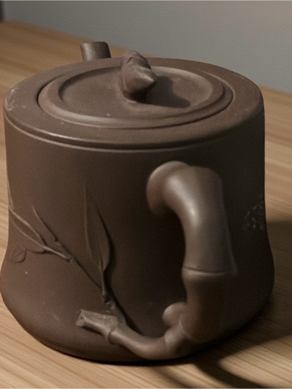 Vintage 20th c. Chinese Yixing Zisha Clay Bamboo Handmade Teapot